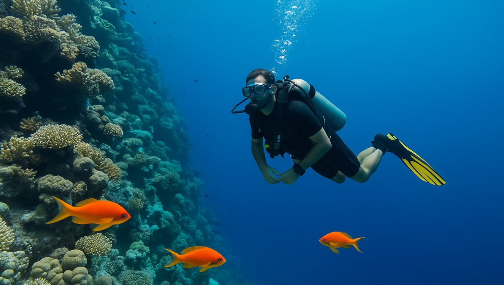 غواص يسبح بجانب الشعاب المرجانية في مياه شرم الشيخ الزرقاء