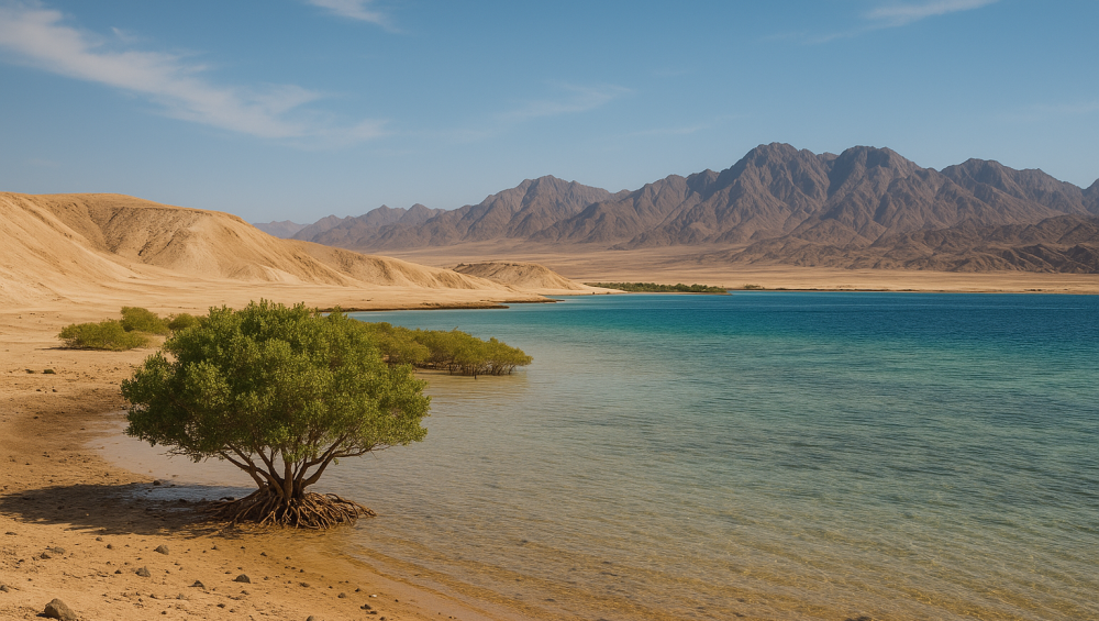 مشهد طبيعي في محمية نبق يضم الصحراء وأشجار المانجروف وخلفية جبلية