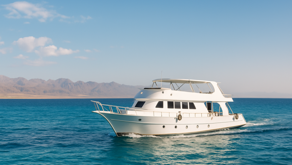 قارب سياحي أبيض في عرض البحر وقت الصباح مع سماء زرقاء صافية