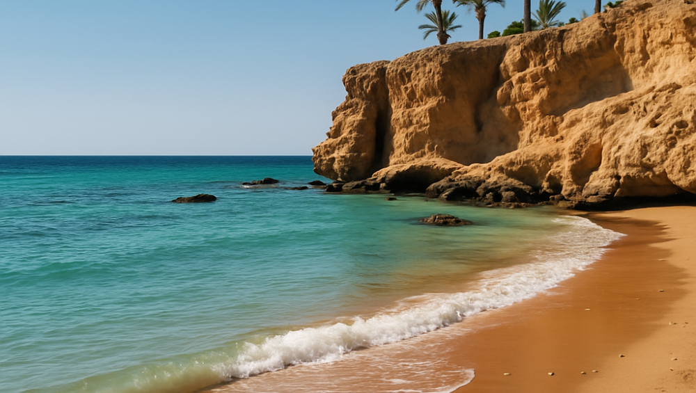 مشهد طبيعي لشاطئ رملي ومياه فيروزية في شرم الشيخ عند وقت الشروق