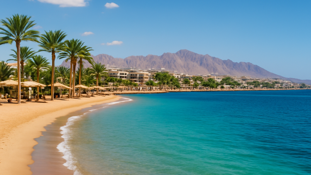 مشهد ساحلي نهاري في شرم الشيخ يظهر البحر والسماء الزرقاء وشاطئ رملي