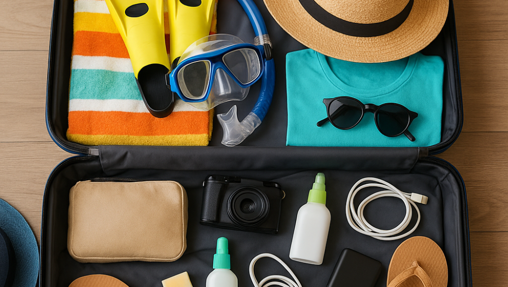 حقيبة سفر مفتوحة تحتوي على أدوات بحرية وملابس خفيفة ومستلزمات سفر